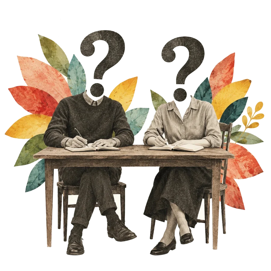 Two people side by side at one table, each writing on their own sheet