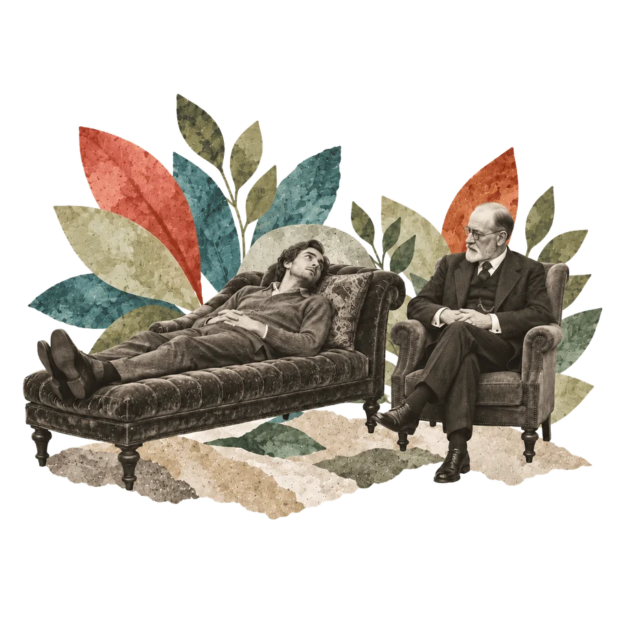 A client lying on a couch, the therapist seated in an armchair beside them